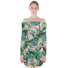 Green Leaves On Pink Long Sleeve Off Shoulder Dress by goljakoff