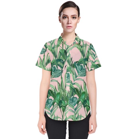 Green Leaves On Pink Women s Short Sleeve Shirt by goljakoff