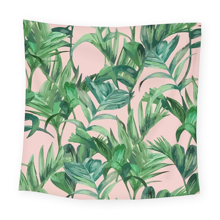 Green leaves on pink Square Tapestry (Large)