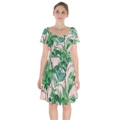 Green Leaves On Pink Short Sleeve Bardot Dress by goljakoff