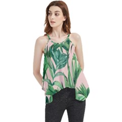 Green Leaves On Pink Flowy Camisole Tank Top