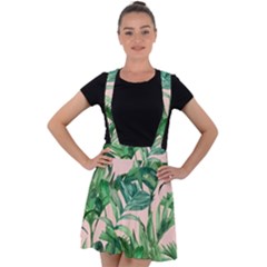 Green Leaves On Pink Velvet Suspender Skater Skirt by goljakoff