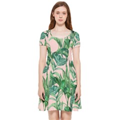 Green Leaves On Pink Inside Out Cap Sleeve Dress