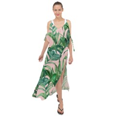 Green Leaves On Pink Maxi Chiffon Cover Up Dress by goljakoff