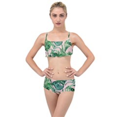 Green Leaves On Pink Layered Top Bikini Set by goljakoff