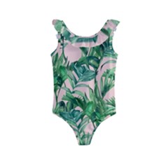 Green Leaves On Pink Kids  Frill Swimsuit by goljakoff