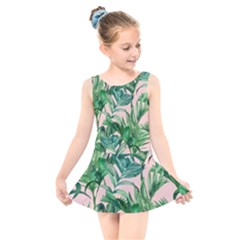 Green Leaves On Pink Kids  Skater Dress Swimsuit by goljakoff