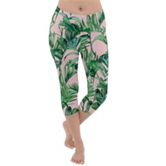 Green Leaves On Pink Lightweight Velour Capri Yoga Leggings by goljakoff