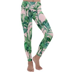 Green Leaves On Pink Kids  Lightweight Velour Classic Yoga Leggings by goljakoff