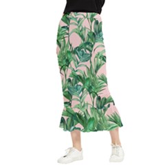 Green Leaves On Pink Maxi Fishtail Chiffon Skirt