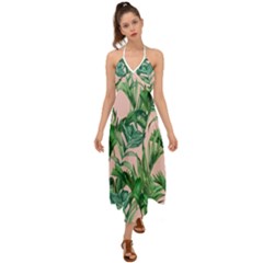 Green Leaves On Pink Halter Tie Back Dress  by goljakoff