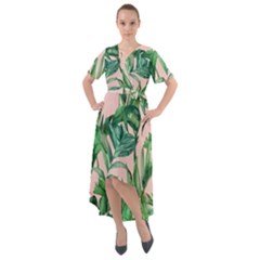 Green Leaves On Pink Front Wrap High Low Dress by goljakoff