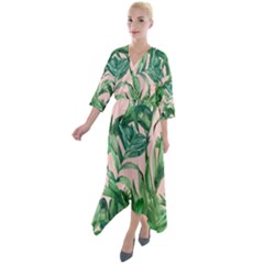 Green Leaves On Pink Quarter Sleeve Wrap Front Maxi Dress by goljakoff