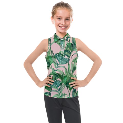 Green Leaves On Pink Kids  Sleeveless Polo Tee by goljakoff