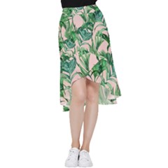 Green Leaves On Pink Frill Hi Low Chiffon Skirt