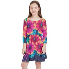 Neon Flowers Kids  Quarter Sleeve Skater Dress