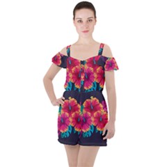 Neon Flowers Ruffle Cut Out Chiffon Playsuit by goljakoff