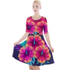 Neon Flowers Quarter Sleeve A-line Dress by goljakoff