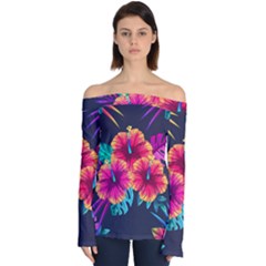 Neon Flowers Off Shoulder Long Sleeve Top by goljakoff