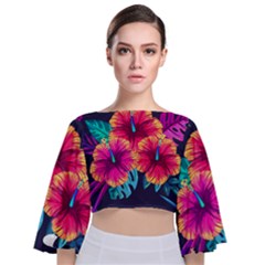 Neon Flowers Tie Back Butterfly Sleeve Chiffon Top by goljakoff