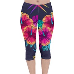 Neon Flowers Velvet Capri Leggings  by goljakoff