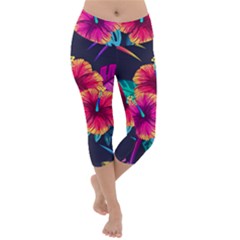 Neon Flowers Lightweight Velour Capri Yoga Leggings by goljakoff