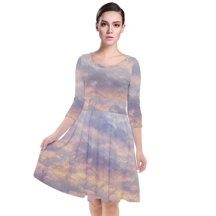 Cloudscape Photo Print Quarter Sleeve Waist Band Dress