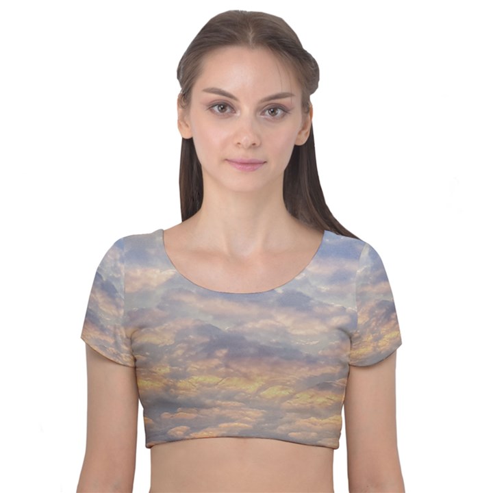 Cloudscape Photo Print Velvet Short Sleeve Crop Top 