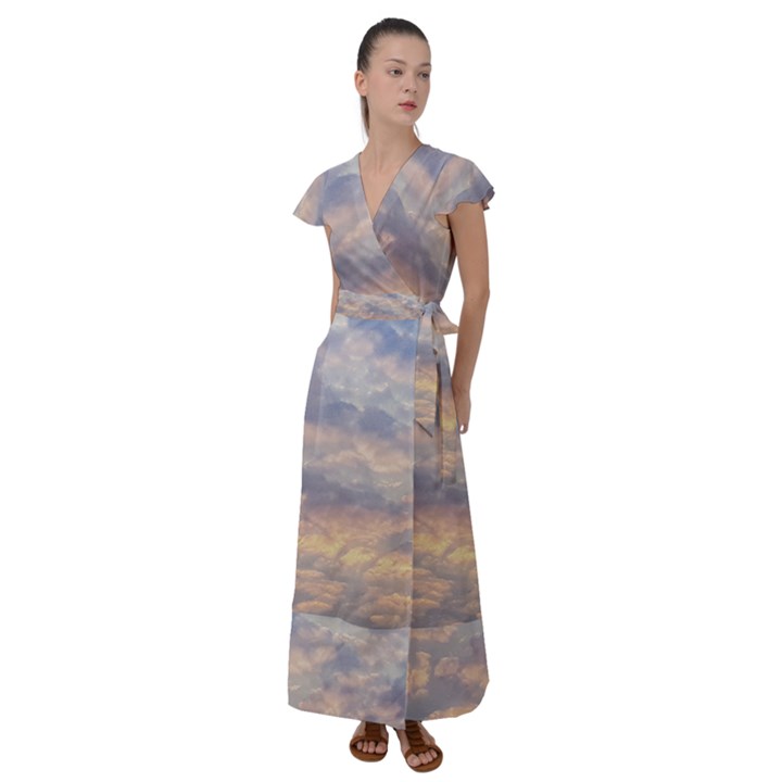 Cloudscape Photo Print Flutter Sleeve Maxi Dress