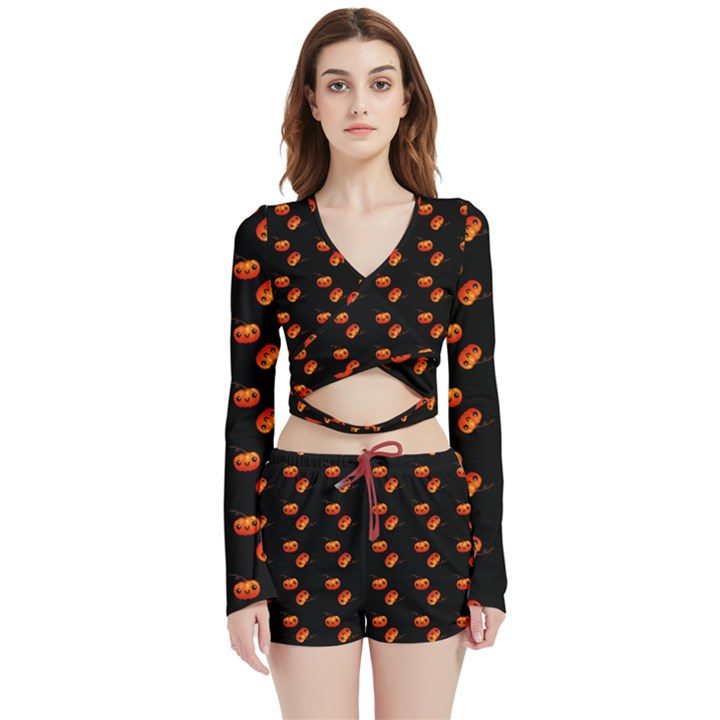 Kawaii Pumpkin Black Velvet Wrap Crop Top and Shorts Set