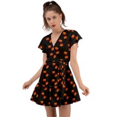 Kawaii Pumpkin Black Flutter Sleeve Wrap Dress by vintage2030