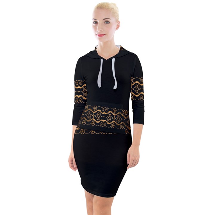 Luxury Ornate Minimal Style Dark Print Quarter Sleeve Hood Bodycon Dress