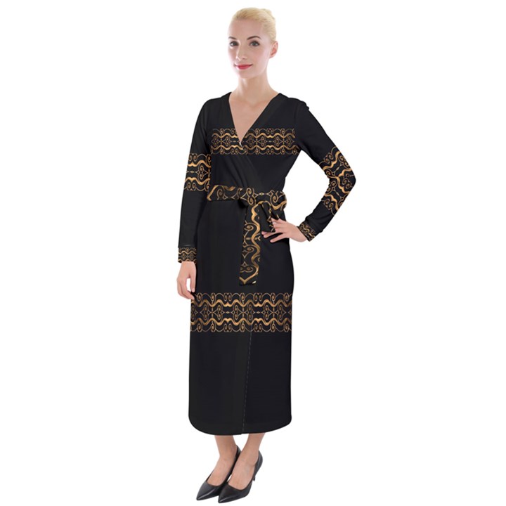 Luxury Ornate Minimal Style Dark Print Velvet Maxi Wrap Dress