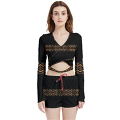 Luxury Ornate Minimal Style Dark Print Velvet Wrap Crop Top and Shorts Set