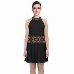 Luxury Ornate Minimal Style Dark Print Velvet Halter Neckline Dress 