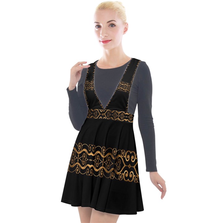 Luxury Ornate Minimal Style Dark Print Plunge Pinafore Velour Dress