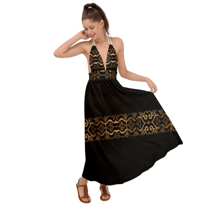 Luxury Ornate Minimal Style Dark Print Backless Maxi Beach Dress