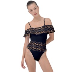 Luxury Ornate Minimal Style Dark Print Frill Detail One Piece Swimsuit