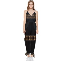 Luxury Ornate Minimal Style Dark Print Sleeveless Tie Ankle Jumpsuit