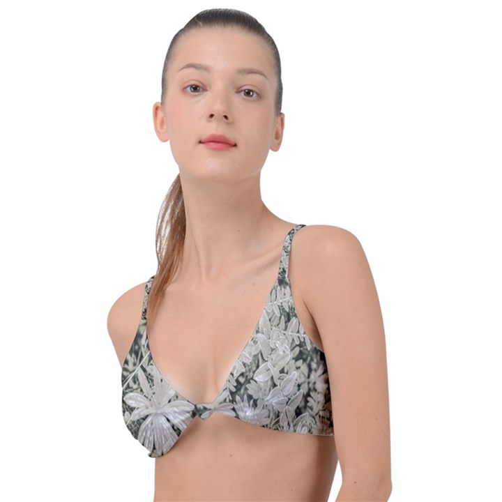 Pale Tropical Floral Print Pattern Knot Up Bikini Top