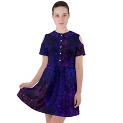 Blue,pink,red And Purple Galaxy Short Sleeve Shoulder Cut Out Dress  by Dazzleway