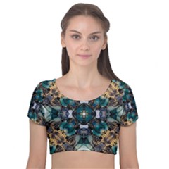 Teal And Gold Velvet Short Sleeve Crop Top  by Dazzleway