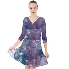 Teal And Purple Alcohol Ink Quarter Sleeve Front Wrap Dress by Dazzleway