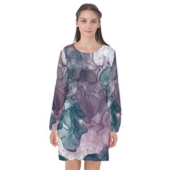 Teal And Purple Alcohol Ink Long Sleeve Chiffon Shift Dress  by Dazzleway