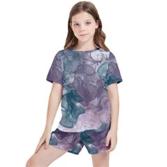 Teal And Purple Alcohol Ink Kids  Tee And Sports Shorts Set by Dazzleway