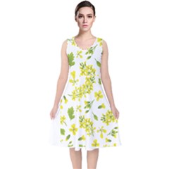 Yellow Flowers V-neck Midi Sleeveless Dress  by designsbymallika