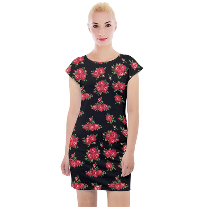 Red Roses Cap Sleeve Bodycon Dress