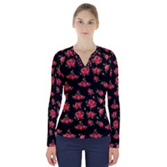 Red Roses V-neck Long Sleeve Top by designsbymallika