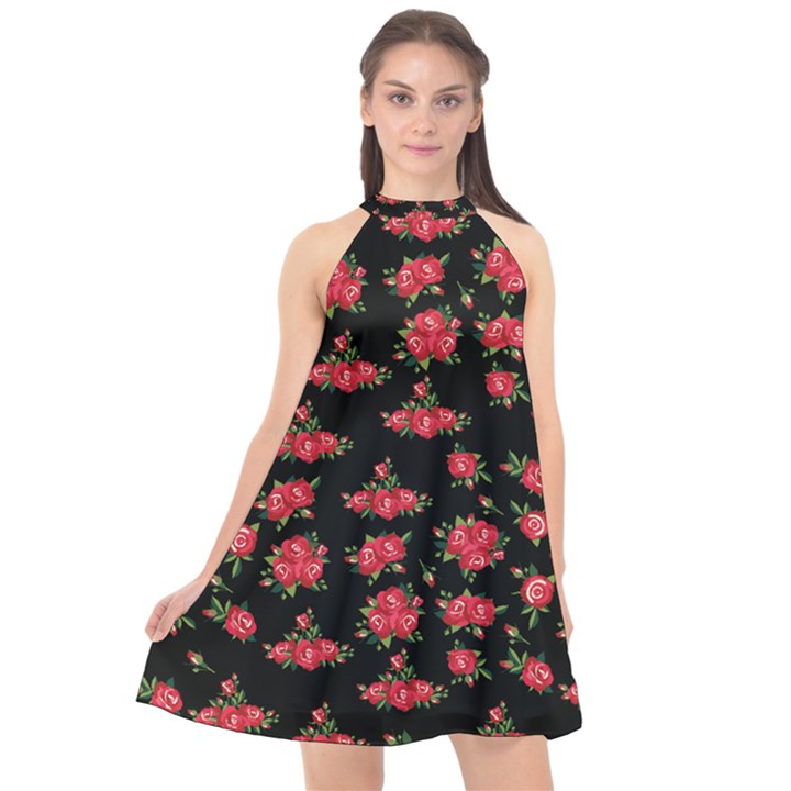 Red Roses Halter Neckline Chiffon Dress 