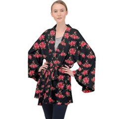 Red Roses Long Sleeve Velvet Kimono  by designsbymallika